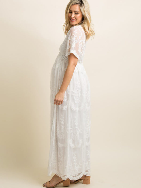 Blue Zone Planet |  Maternity clothes-Woven short-sleeved V-neck lace long dress BLUE ZONE PLANET