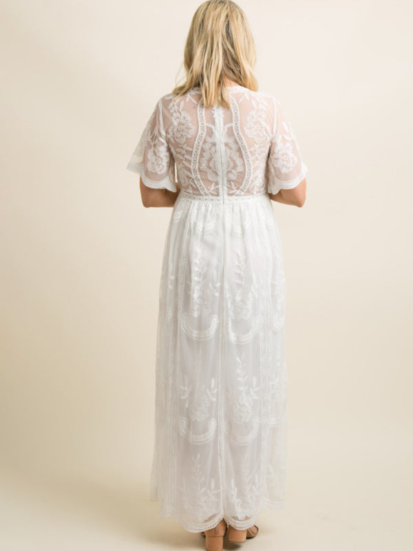 Blue Zone Planet |  Maternity clothes-Woven short-sleeved V-neck lace long dress BLUE ZONE PLANET