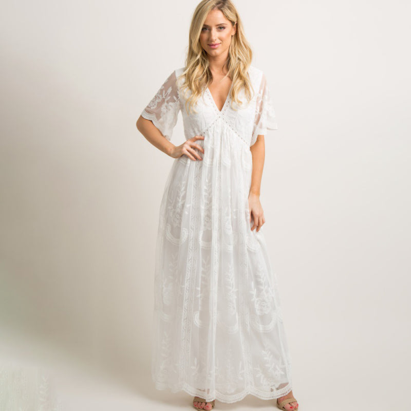 Blue Zone Planet |  Maternity clothes-Woven short-sleeved V-neck lace long dress BLUE ZONE PLANET