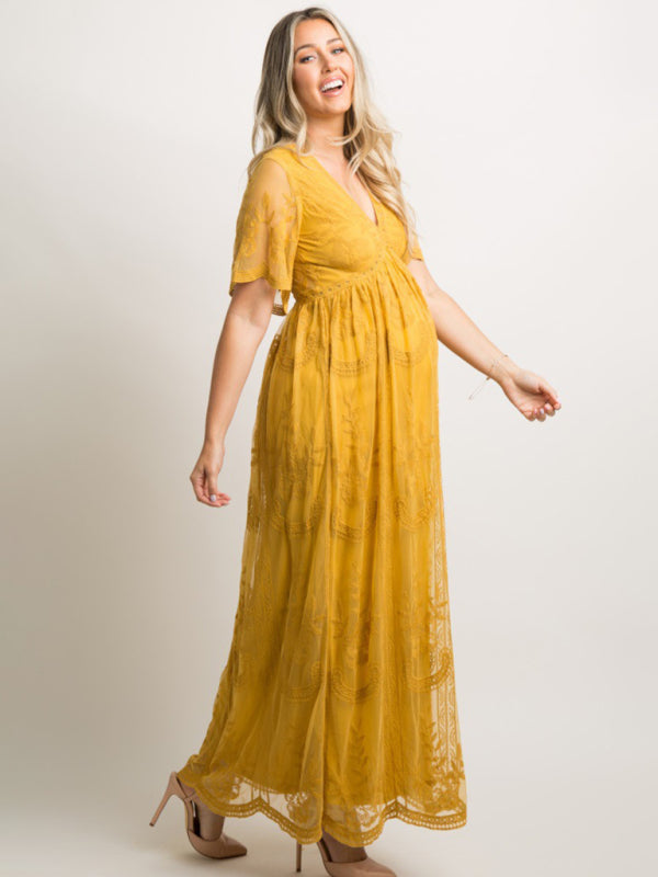 Blue Zone Planet |  Maternity clothes-Woven short-sleeved V-neck lace long dress BLUE ZONE PLANET