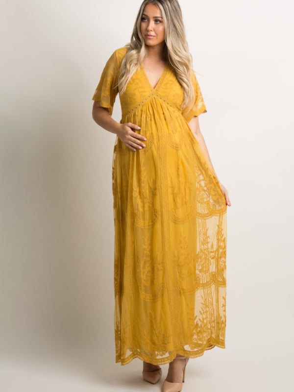 Blue Zone Planet |  Maternity clothes-Woven short-sleeved V-neck lace long dress BLUE ZONE PLANET
