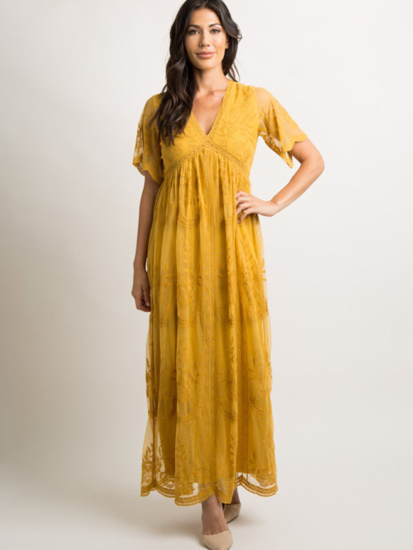 Blue Zone Planet |  Maternity clothes-Woven short-sleeved V-neck lace long dress BLUE ZONE PLANET