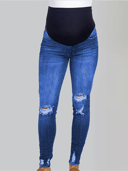Maternity solid color belly support casual jeans-[Adult]-[Female]-Blue-S-2022 Online Blue Zone Planet