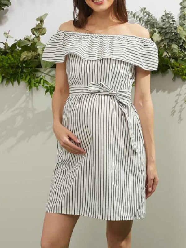 Maternity Woven One Shoulder Striped Dress-TOPS / DRESSES-[Adult]-[Female]-2022 Online Blue Zone Planet