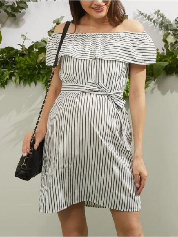 Maternity Woven One Shoulder Striped Dress-TOPS / DRESSES-[Adult]-[Female]-2022 Online Blue Zone Planet