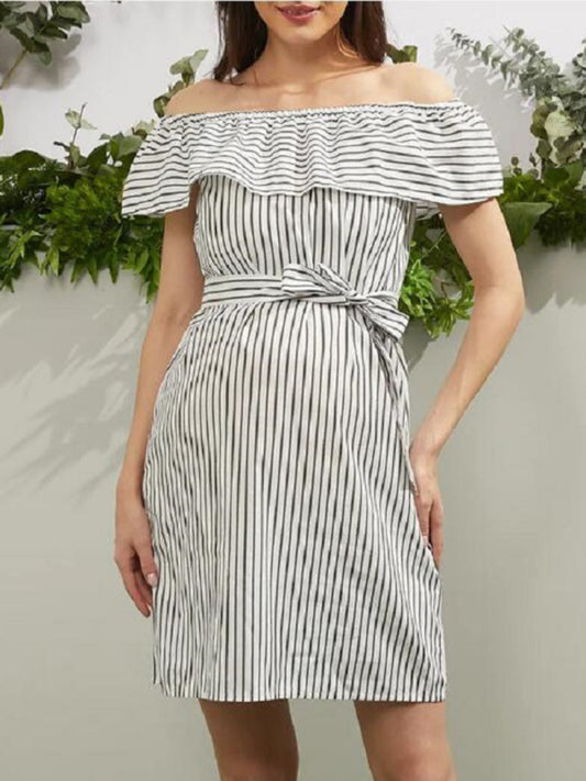 Maternity Woven One Shoulder Striped Dress-TOPS / DRESSES-[Adult]-[Female]-White-S-2022 Online Blue Zone Planet