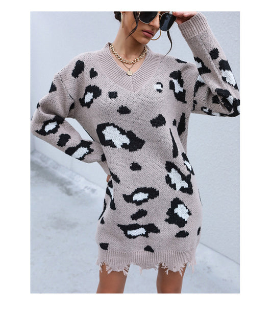 Knit Long Sleeve V-Neck Shabby Leopard Sweater Dress kakaclo