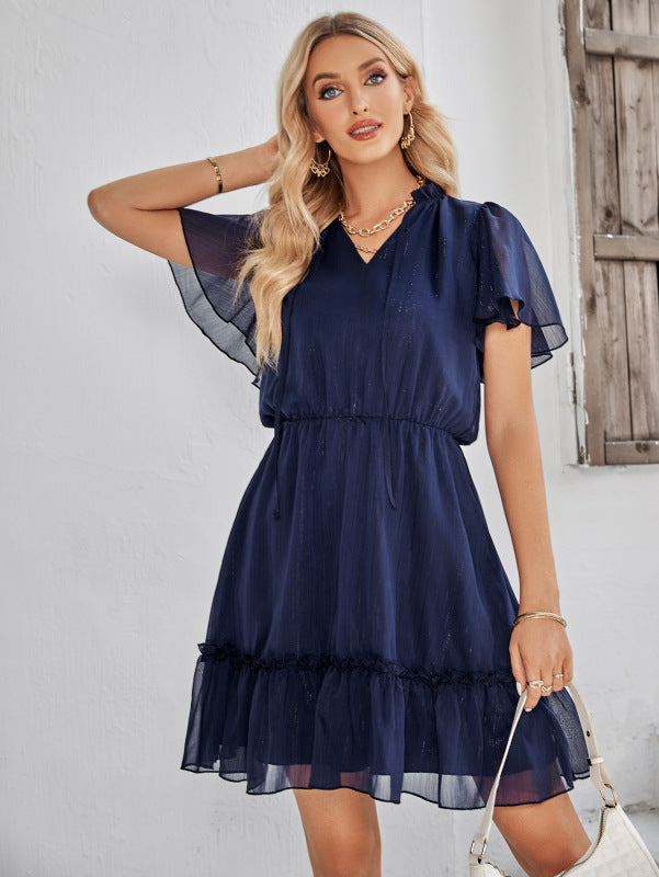 Fresh V-neck Solid Color Ruffle Dress kakaclo