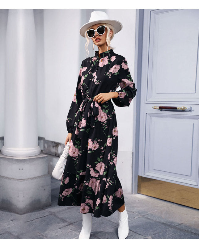 Printed long sleeve semi -collar long skirt dress autumn and winter BLUE ZONE PLANET