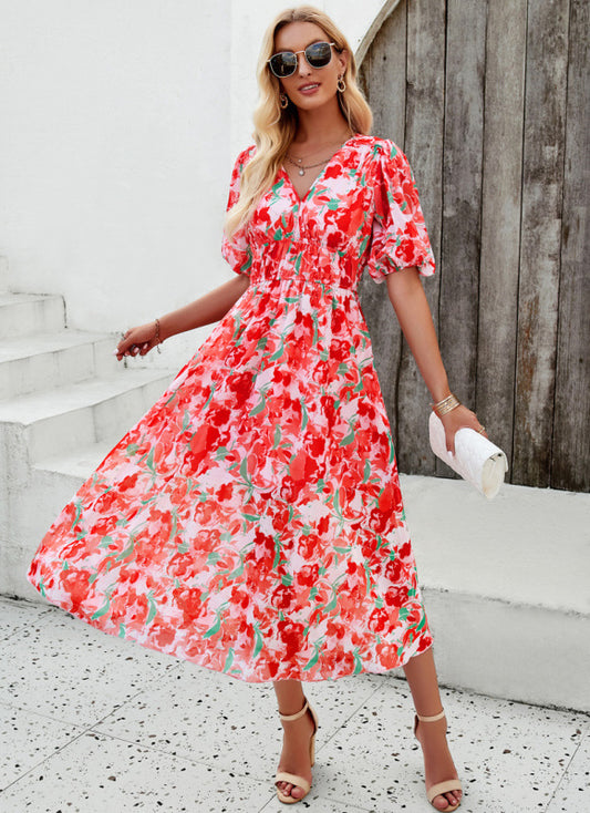 Elegant printed waist V-neck long dress kakaclo