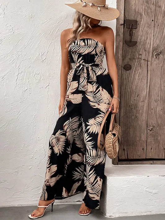 plant leaf print tube top jumpsuit BLUE ZONE PLANET