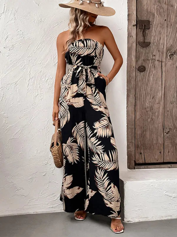 plant leaf print tube top jumpsuit BLUE ZONE PLANET
