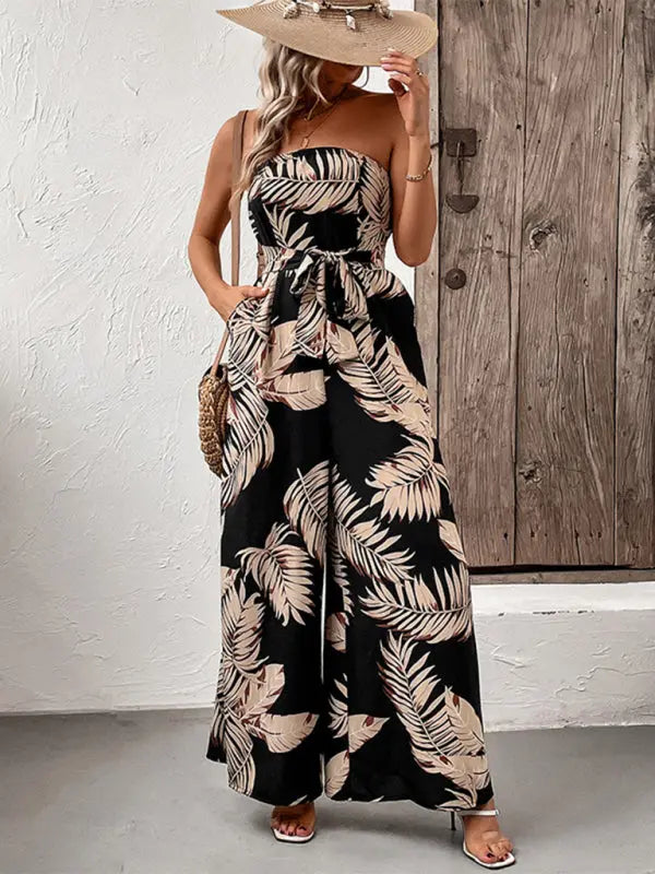 plant leaf print tube top jumpsuit BLUE ZONE PLANET
