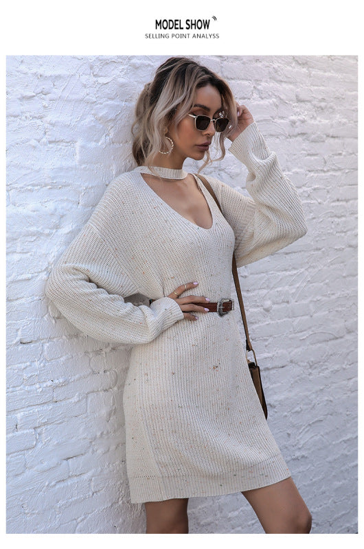 pullover low collar long sleeve knitted bottoming sweater dress kakaclo