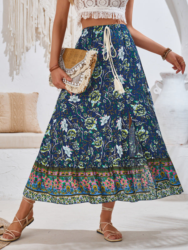 bohemian printed waist drawstring skirt BLUE ZONE PLANET