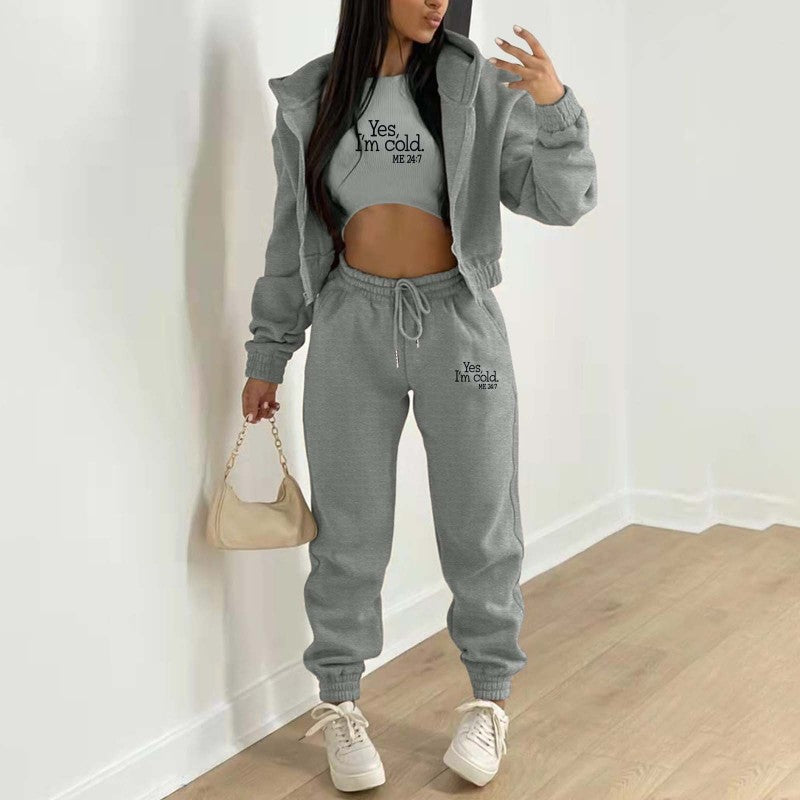 Blue Zone Planet |  velvet sweatshirt hooded letter print suit (three-piece set) BLUE ZONE PLANET