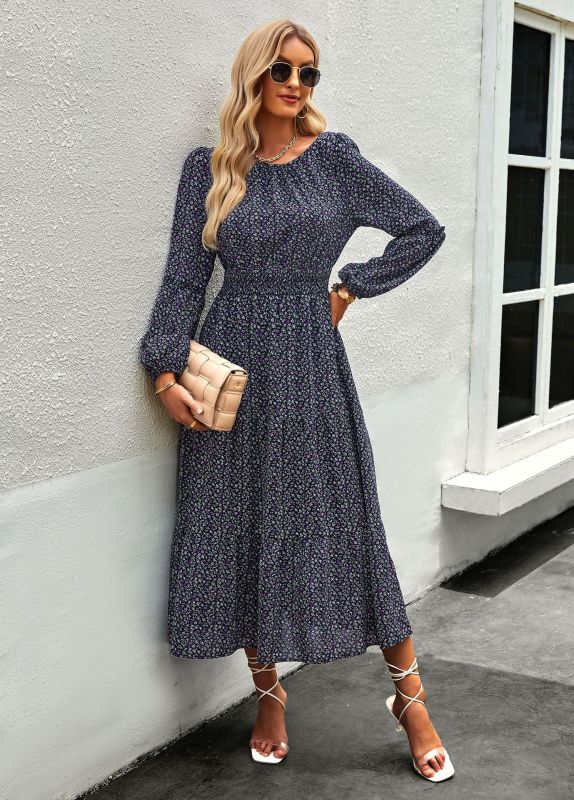 Crew Neck Long Sleeve Boho Print Dress BLUE ZONE PLANET