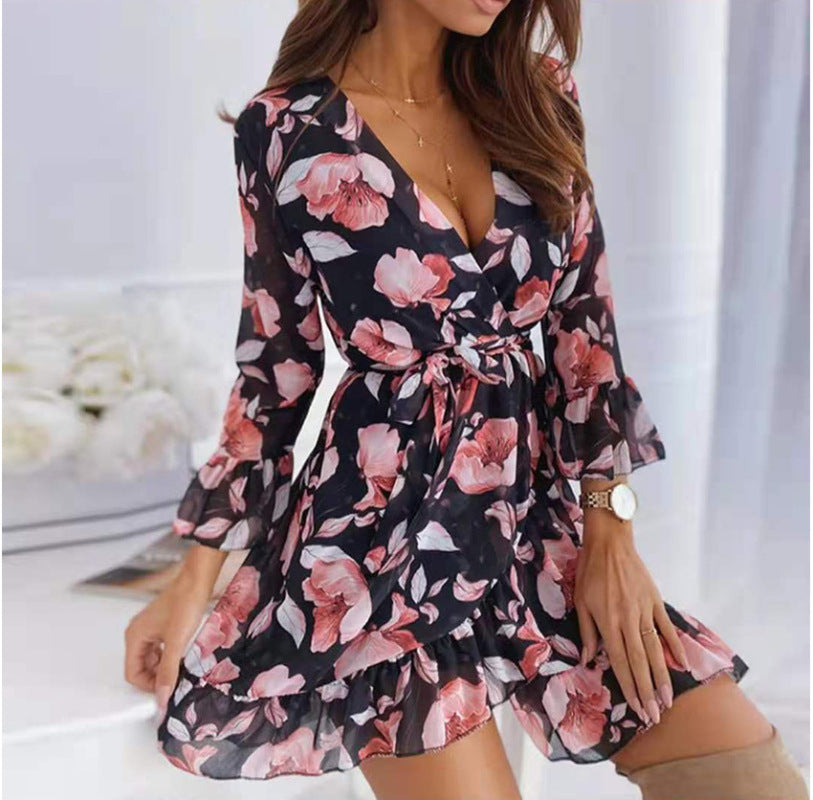 Blue Zone Planet |  European and American sexy V-neck printed tie casual foreign trade nine-quarter-sleeve ruffled dress kakaclo