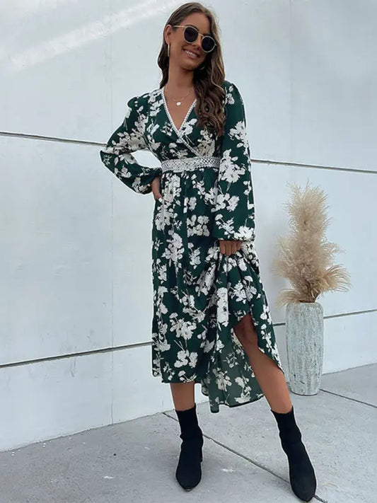 woven ruffled long-sleeved printed irregular dress BLUE ZONE PLANET