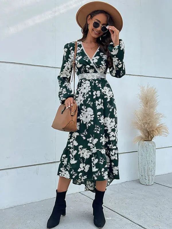 woven ruffled long-sleeved printed irregular dress BLUE ZONE PLANET