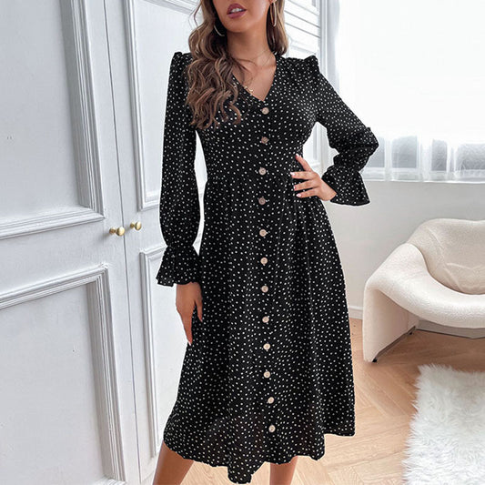 Autumn black wave dot long sleeve dress kakaclo